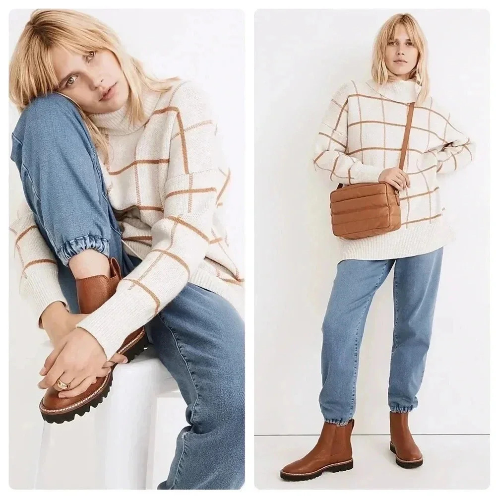 MADEWELL | Cotton&Merino Blend Pearldale Turtleneck Sweater in Windowpane Size S